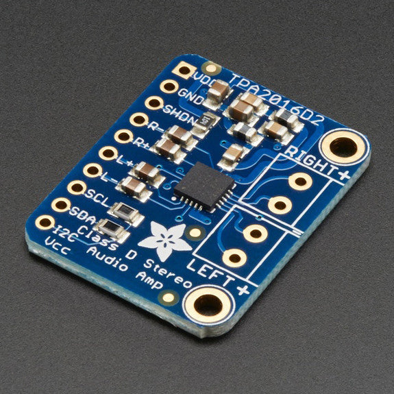 Adafruit Stereo 2.8W Class D Audio Amplifier - I2C Control AGC - A mini class D with AGC and I2C control? Yes please! Able to deliver 2 x 2.8W channels into 4 ohm impedance speakers (@ 10% THD) it has an i2c control interface as well as an AGC (automatic gain control) system to keep your audio from clipping or distorting.