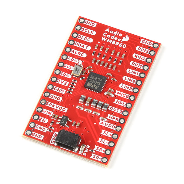 SparkFun Audio Codec Breakout - WM8960 (Qwiic) - The SparkFun WM8960 Audio Codec Breakout is a low-power, high-quality stereo codec with 1W Stereo Class D speaker drivers and headphone drivers.