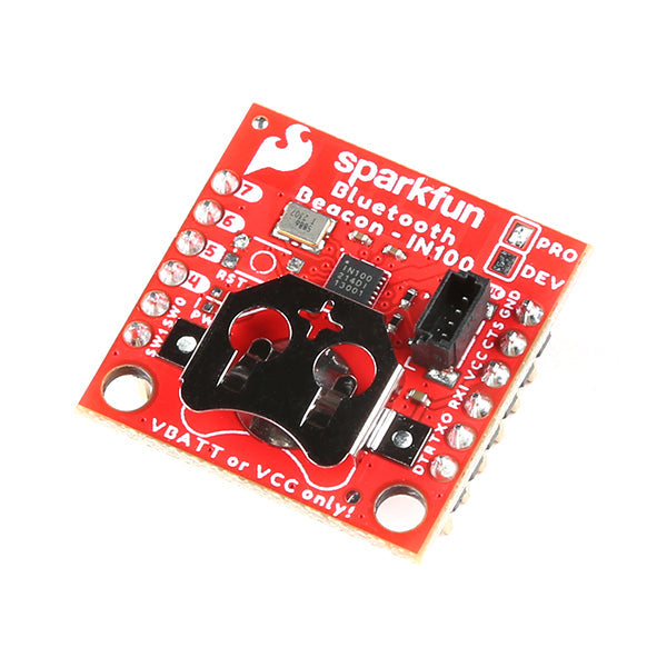 SparkFun NanoBeacon Board - IN100 - The SparkFun IN100 NanoBeacon Board offers a 2.4 GHz wireless low-energy BT beacon breakout with exceptionally low power consumption features and minimal programming required.