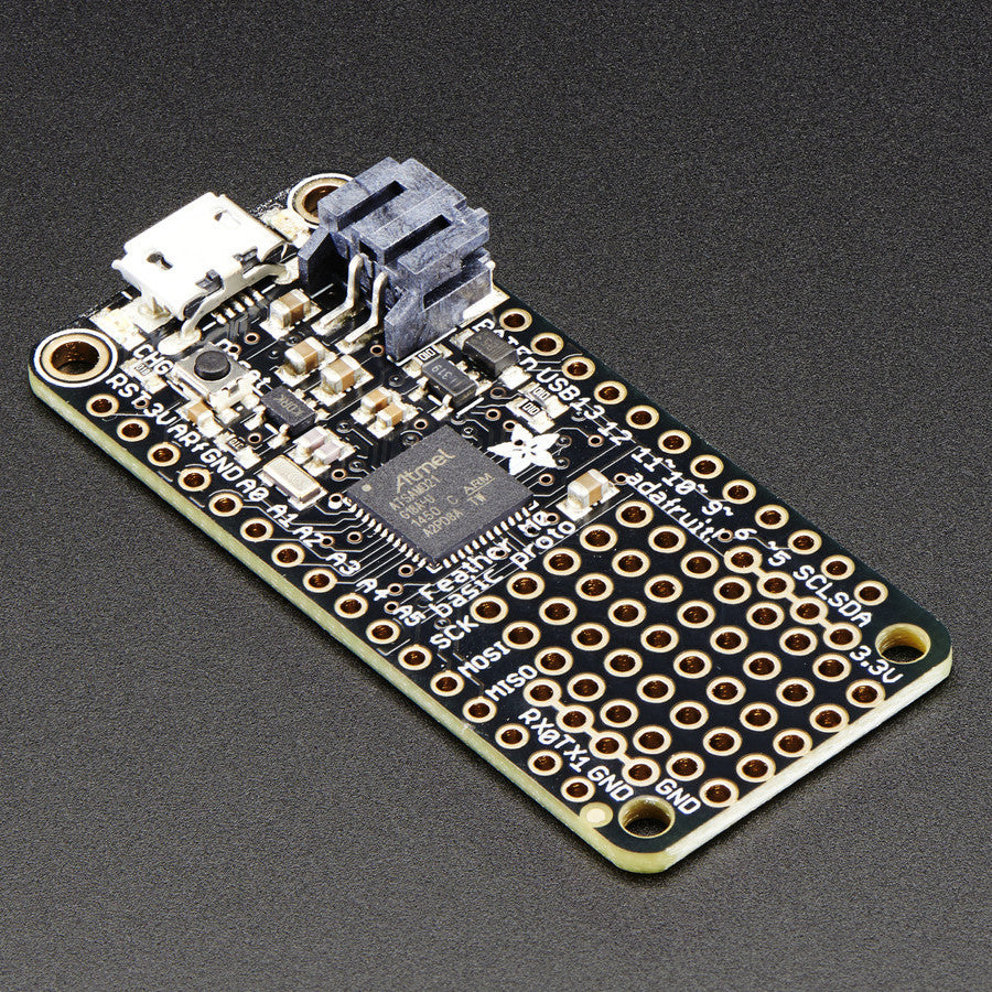 Adafruit Feather M0 Basic Proto - ATSAMD21 Cortex M0 - Feather is the new development board from Adafruit, and like it's namesake it is thin, light, and lets you fly! This is the Feather M0 Basic Proto, it has a bunch of prototyping space built right in.