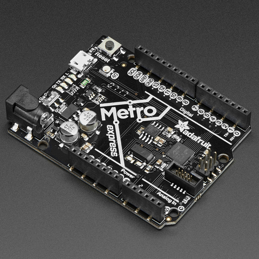Adafruit METRO M0 Express - designed for CircuitPython - ATSAMD21G18 - Metro is Adafruits series of microcontroller boards for use with the Arduino IDE. This new Metro M0 Express board looks a whole lot like their original Metro 328, but with a huge upgrade. Instead of the ATmega328, this Metro features a ATSAMD21G18 chip, an ARM Cortex M0+. It's the first Metro that is designed for use with CircuitPython!