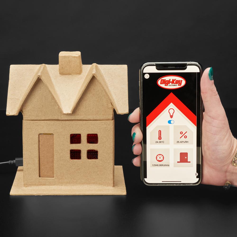 Smart Home Kit for Digi-Key IoT Studio - Feather ESP32 + Parts - Automate your own adorable, IoT-enabled papier-mâché house. The small size of this build lets us explore wiring, user interaction, and firmware deployment without having to get a ladder out.