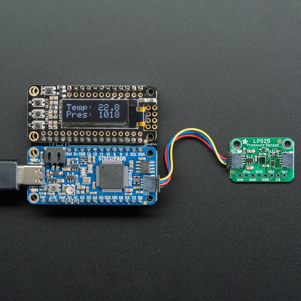 Adafruit LPS25 Pressure Sensor - LPS25HB - This absolute pressure sensor, ST LPS25HB can quickly and easily measure air pressure, useful when you want to know about the weather (are we in a low pressure or high pressure system?) or to determine altitude, as the air thins out the higher we get above sea level.