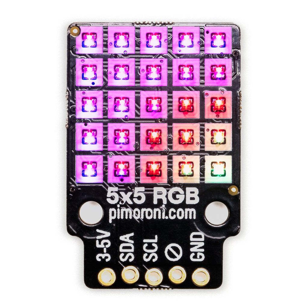 5x5 RGB Matrix Breakout - This super-cute 5x5 RGB LED matrix breakout is a neat way to visualise sensor data or for simple animations or notifications, and it's Raspberry Pi and Arduino-compatible.