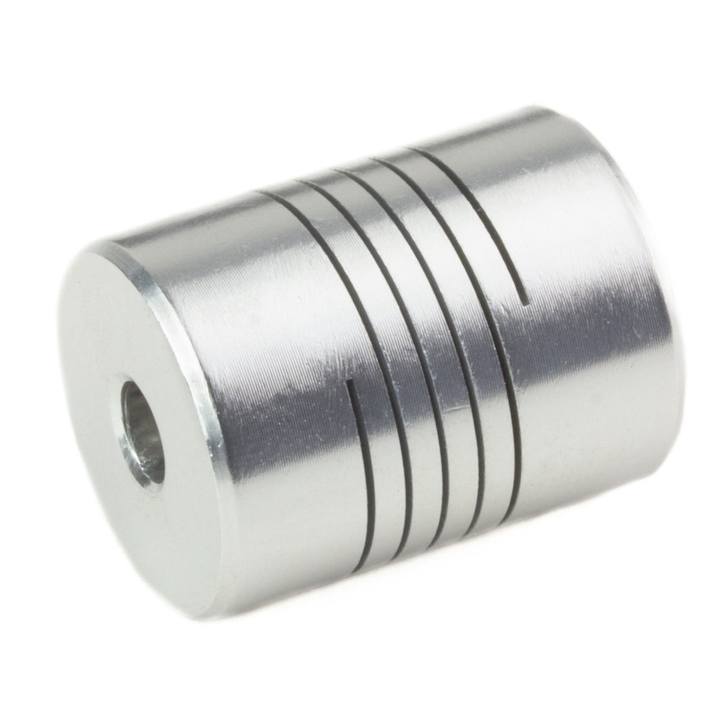 5mm-8mm flexible coupler - Use this flexible coupler to connect an 8mm shaft to a 5mm shaft (for instance the D-shaft on our NEMA stepper motors), using the included grub screws.