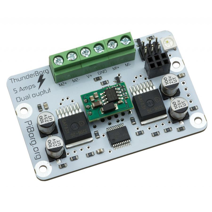 ThunderBorg - Dual 5A Motor Controller with DC/DC & RGB LED - ThunderBorg is a powerful dual motor control board for making awesome robots with your Raspberry Pi. ThunderBorg is designed to handle up to 5A per motor connection, so it's great for bigger-than-your-average-buggy projects and making awesome robots from your Raspberry Pi.