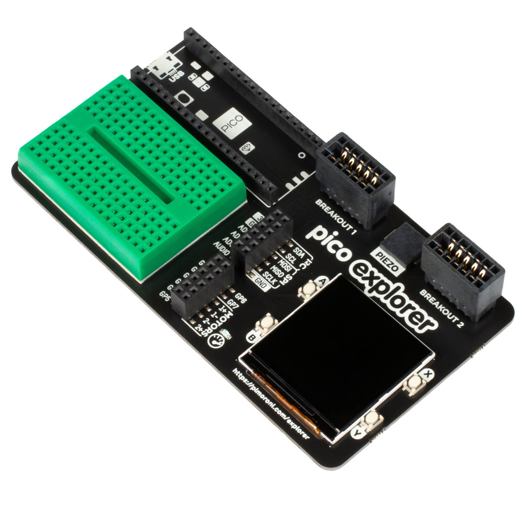 Pico Explorer Base - Transform your Raspberry Pi Pico into a electronic adventure playground packed with physical computing goodies including an LCD screen, motor drivers, a mini breadboard, and much more!