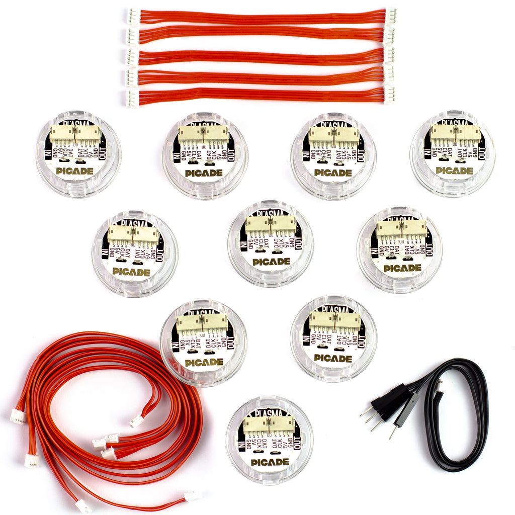 Picade Plasma Kit - Illuminated Arcade Buttons - Add technicolour brilliance to your Picade or Picade Console with this addressable RGB LED arcade button kit, available in a 6-button kit (console buttons) or 10-button kit (all buttons).