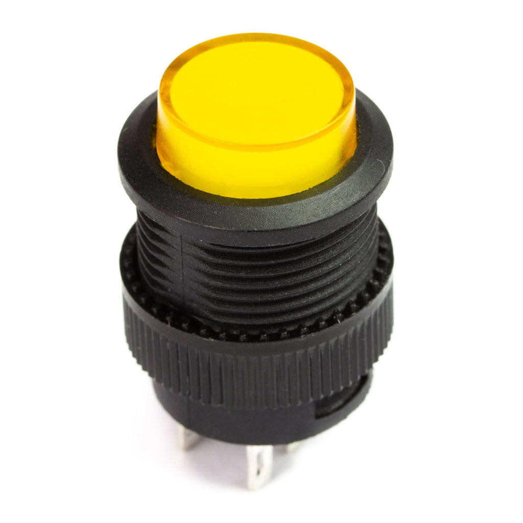 Illuminated Button - A 16mm yellow/orange illuminated momentary button that's ideal as a power button for our Picade X HAT, or just for situations when you need a small illuminated button.