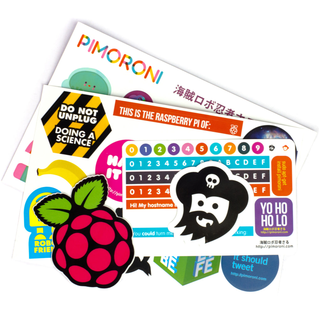 Pimoroni Super Sticker Selection - Stickers! Use them on your Pibow, your laptop, your notebook or your bedroom door!
