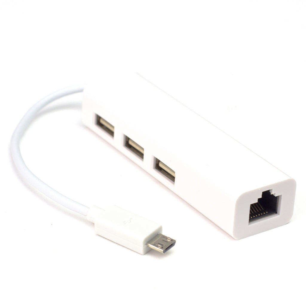 Three Port USB Hub with Ethernet - microB connector - The perfect way to add USB ports and network connectivity to your Raspberry Pi Zero. We've tested heaps of these adapters and this one is by far the best!