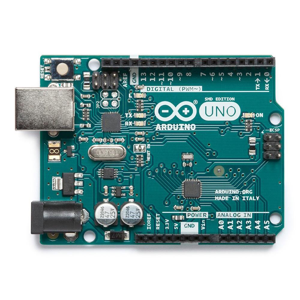 Arduino Uno Rev3 - The board everybody gets started with, with the ATmega328 (SMD). It has 14 digital IO pins (6 can be used as PWM outputs), 6 analog inputs, a 16 MHz crystal oscillator, a USB connection, a power jack, and more.