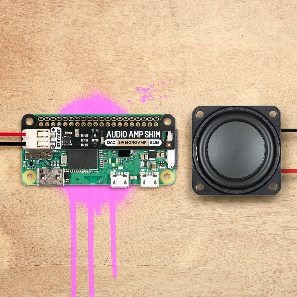 Audio Amp SHIM (3W Mono Amp) - A super-simple, slimline way to hook up a 3W speaker to your Raspberry Pi! Output punchy digital I2S audio whilst leaving your GPIO pins conveniently accessible.
