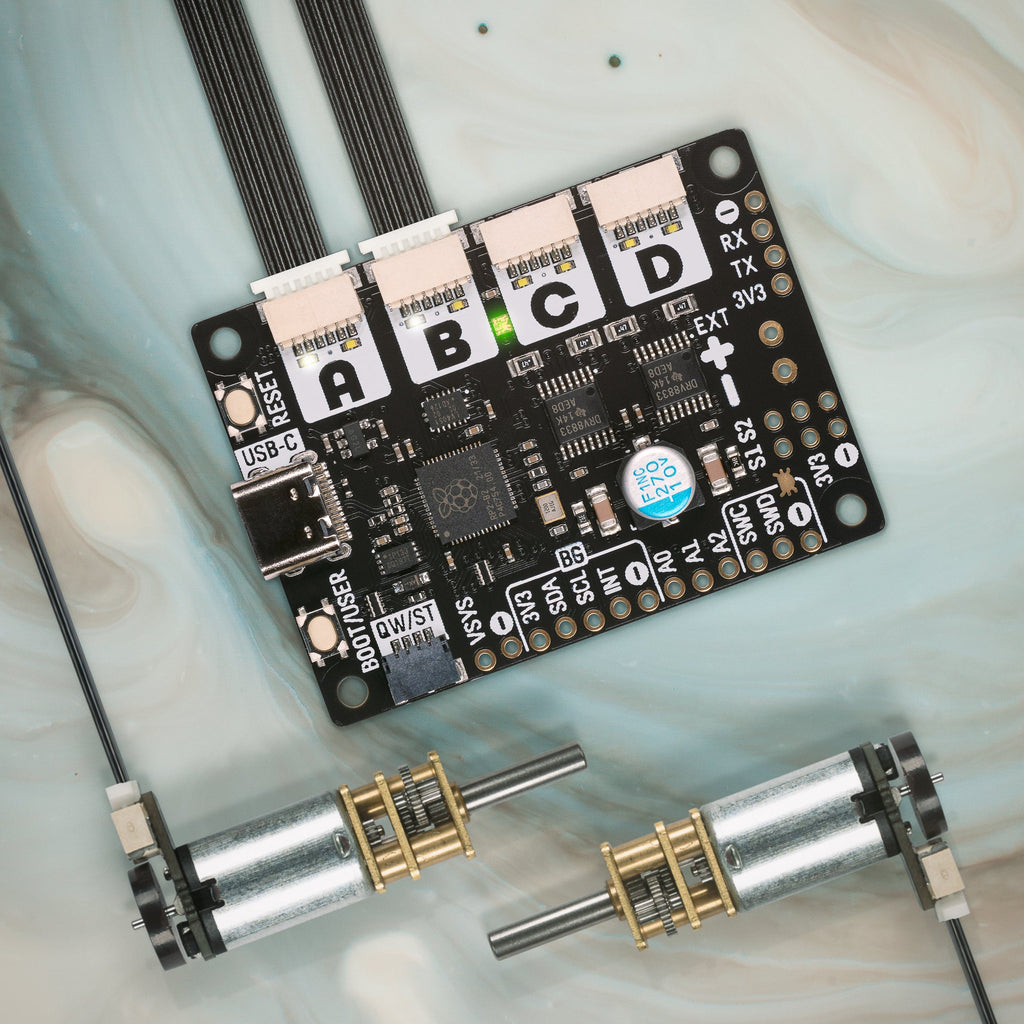 Motor 2040 - Quad Motor Controller - A compact 4 channel motor+encoder controller, powered by RP2040. It has RGB and per-motor indicator LEDs plus built in voltage and current sensing.