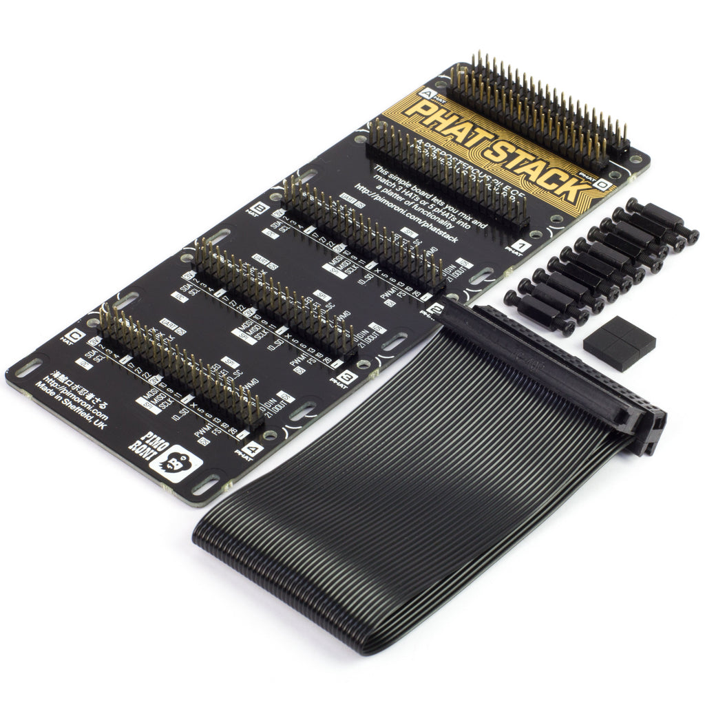 pHAT Stack - A preposterous pile of peripherals on your Pi! Mix and match 3 HATs or 5 pHATs into a platter of functionality. Use pHAT Stack for specific setups and projects, or just as a handy way to use several HATs or pHATs at once.