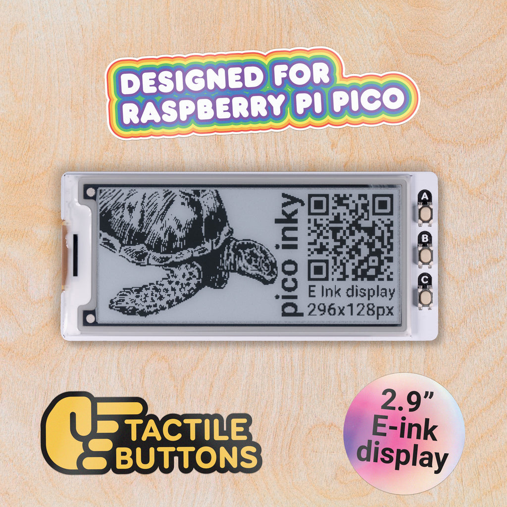 Pico Inky Pack - A svelte 2.9" (296x128px) mono E Ink® display for Raspberry Pi Pico / Pico W.