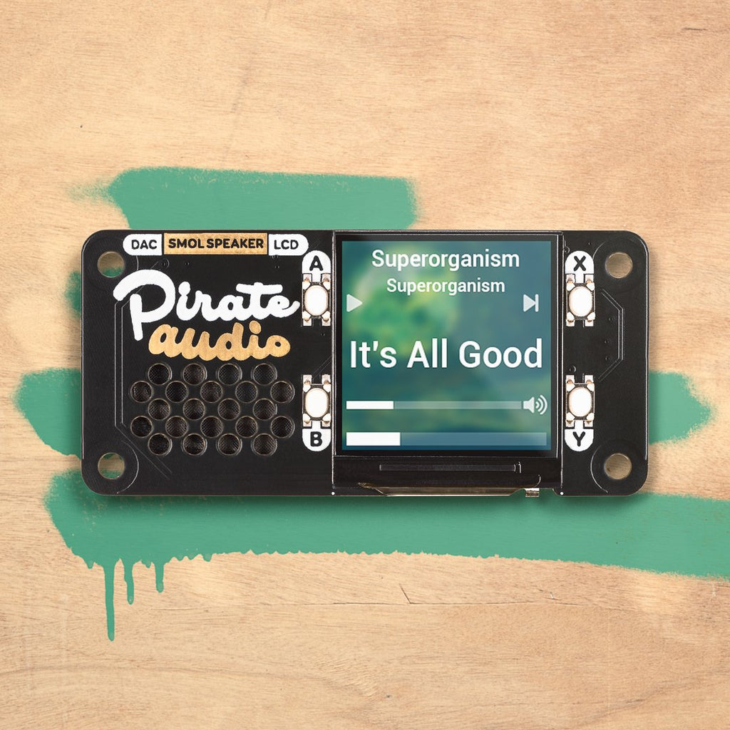 Pirate Audio Speaker for Raspberry Pi - Pump out some mini beats with Pirate Audio Speaker! This diminutive sound system has an I2S DAC, amp, mini mono speaker, high-res display, and playback control buttons.