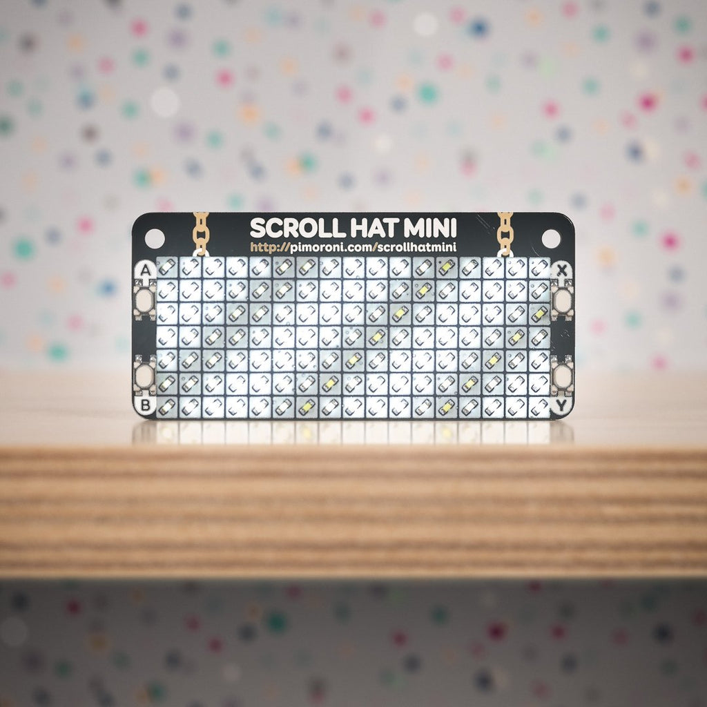 Scroll HAT Mini - A 17x7 matrix of bright white LEDs with individual brightness control, and four handy buttons, made for Raspberry Pi. Just the job for scrolling messages, animations, and more!