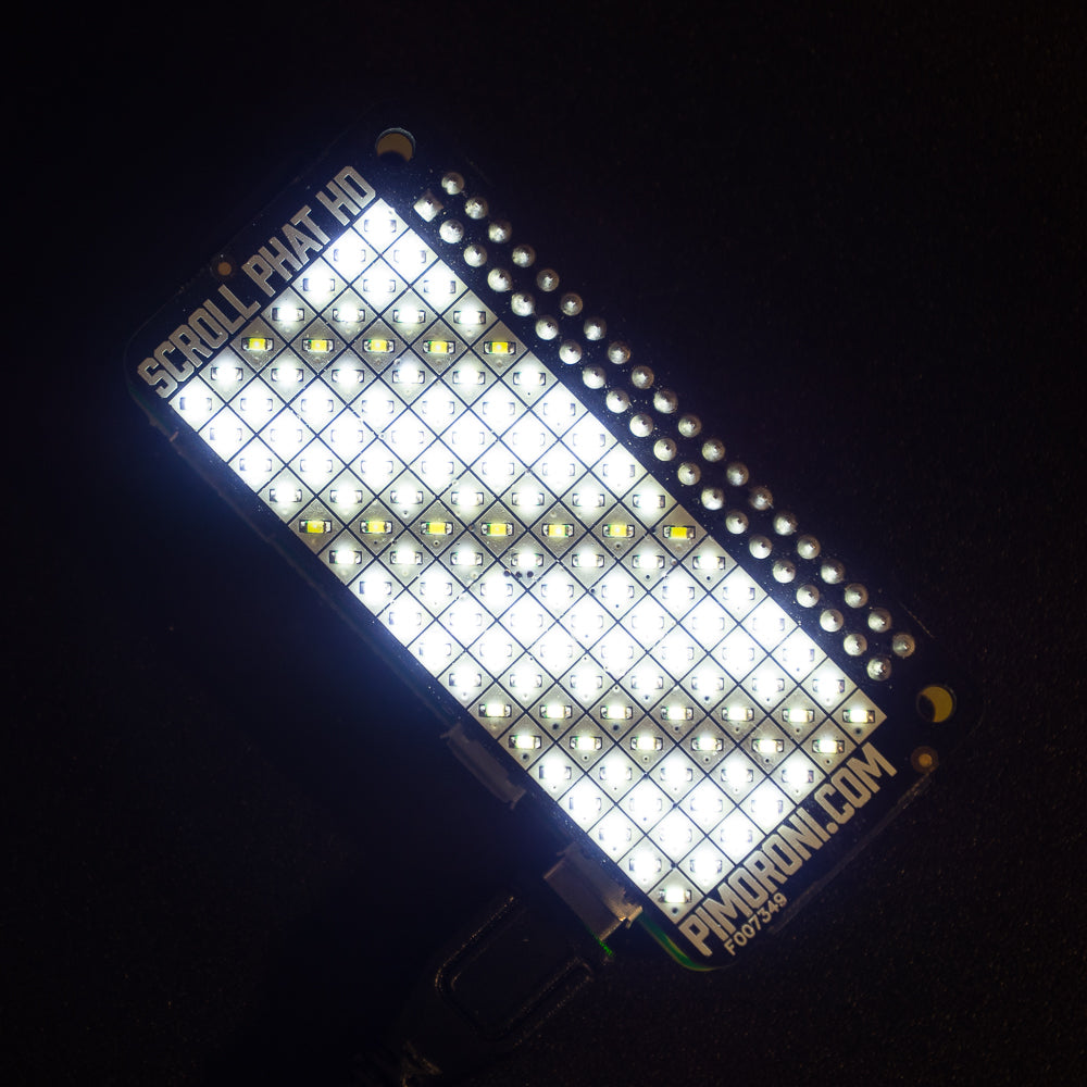 Scroll pHAT HD - A whole heap of LED pixels with individual brightness control, for scrolling messages, animations, and more - Scroll pHAT HD!