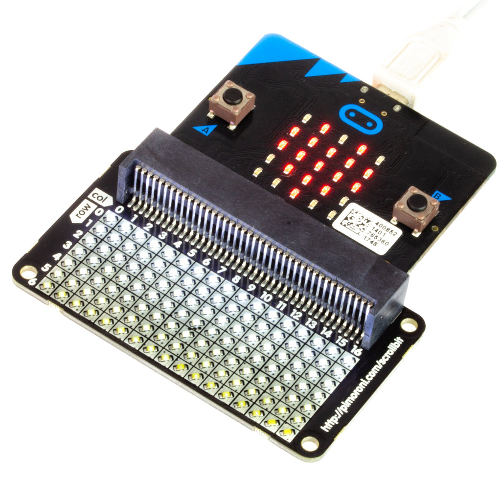 scroll:bit - scroll:bit is a little display with a lot of pixels! Its 119 bright white LEDs are perfect for scrolling messages with your micro:bit, or for animations, graphs, and more!